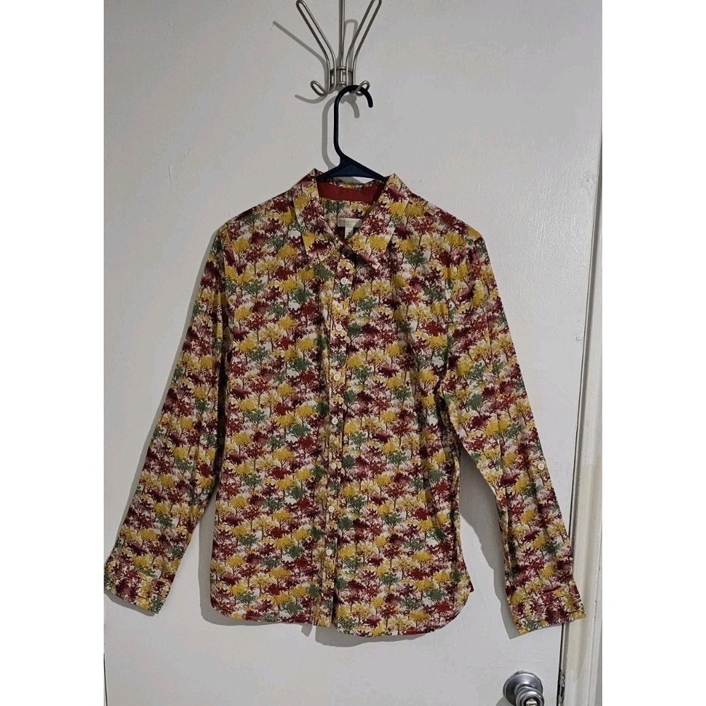 Talbots Top Women's Sz‎ M Roll Tab Sleeve Button Down Tree Print Boho Chic Artsy